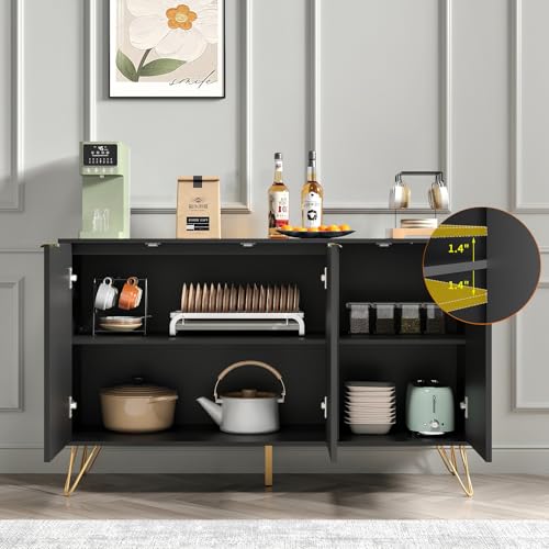 Storage Cabinet with 3 Doors, Sideboard Buffet Cabinet with Storage, Coffee Bar Cabinet with Metal Legs and Adjustable Shelf for Kitchen, Dining Room, Living Room, Office, Black