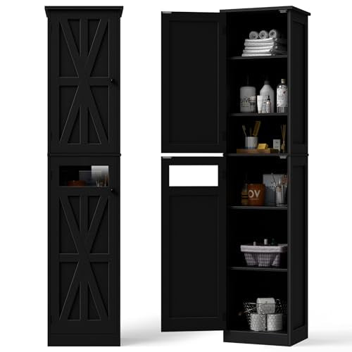 Tall Bathroom Cabinet, Slim Bathroom Storage Cabinet with Adjustable Shelves and 2 Doors, Narrow Floor Storage Cabinet for Bathrooms, Kitchen, Living Room, Black