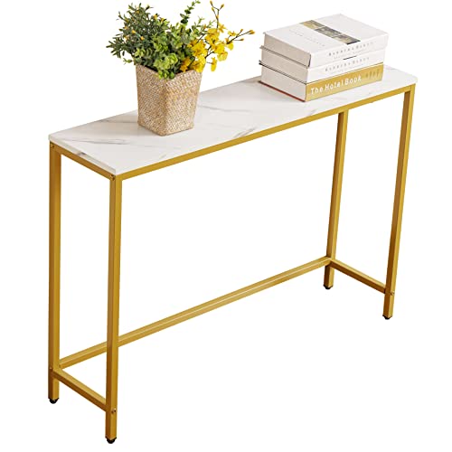 Small Console Table for Entryway, Faux Marble MDF Sofa Table with Golden Frame, Single Layer, White Marble, 9.45" D x 38.19" W x 30" H