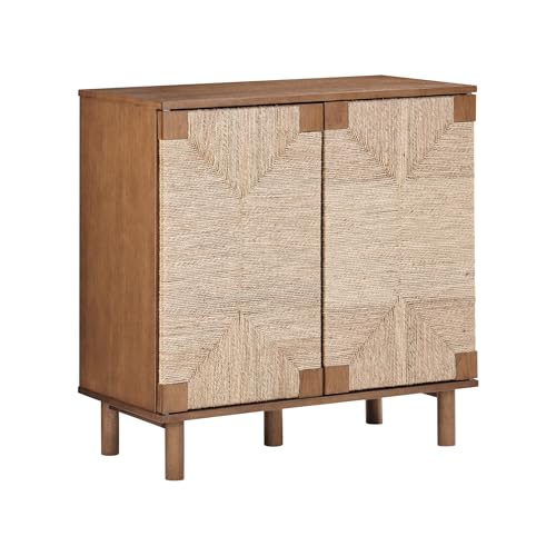 Nathan James Beacon Boho Accent Cabinet with Doors, Free Standing Kitchen Cabinet Storage with Adjustable Interior Shelf and Seagrass Accent, Dark Brown