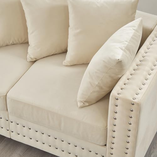 GDFStudio 84.5" Mid-Century Modern Sofa with Storage, 3 Seater Deep Seat Upholstered Velvet Sofa Couch, Silver Nailhead and Square Arms, Solid Wood Legs, Accent Sofa for Living Room Bedroom, Apricot