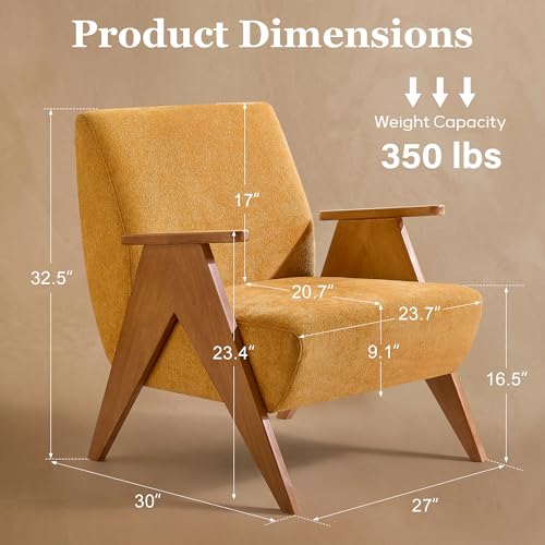 Accent Chair, Upholstered Living Room Chair, Arm Chair with Solid Wood Legs, Mid Century Modern Chair for Bedroom, Living Room, Apartment (Yellow)