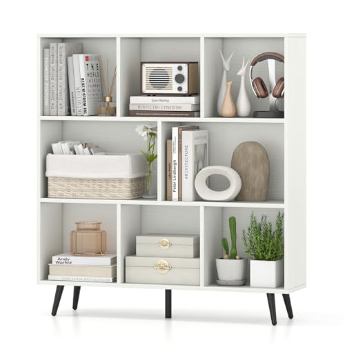 8-Cube Bookcase, 3-Tier Modern Bookshelf with 5 Metal Legs, 39.5" Freestanding Open Storage Organizer with 2 Anti-tip Devices, Mid-Century Display Rack for Living Room (39.5" x 9.5" x 42")