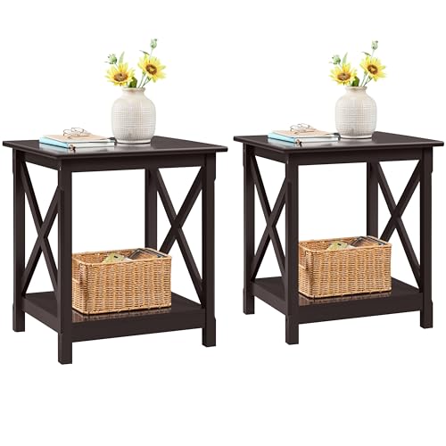 Yaheetech X-Design End Tables Set of 2, Sofa Side Table with Storage Shelf, 2 Tier Side Stand Small Table for Living Room Sofa Study, Easy Assembly, Dark Coffee