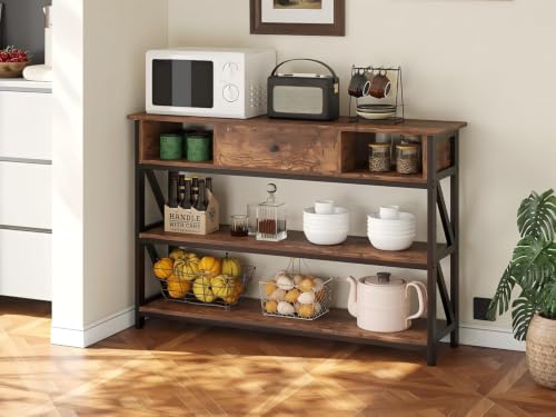 Console Table with Drawer Shelves, Entryway Table with 3 Tier Storage Shelves, Industrial Wood Hallway Sofa Table for Living Room, Couch, Foyer, Kitchen Counter, 47 Inch Rustic Brown