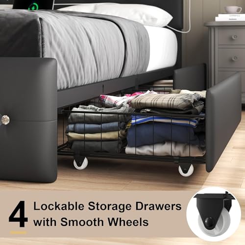 Full Bed Frames with Headboard - Upholstered Leather Bed Frame, Adjustable Headboard 2 Storage Drawers 12 Metal Slats, Noise-Free, Easy Assembly No Box Spring Needed Black