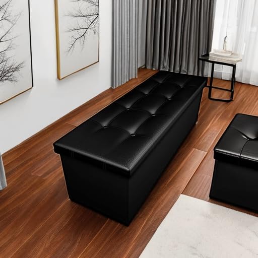 43 Inch Folding Storage Ottoman Bench 125L Hold up 700lbs Ottoman with Storage Chest Foam Seat Padded Foot Rest Stool Faux Leather Bedroom Bench with Storage Coffee Table Black
