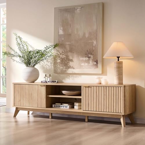 70" Mid Century Modern Fluted TV Stand w/ 2 Soft Close Door,Natural Oak | Entertainment Center, Sideboard, Media console for Living Room with Adjustable Shelves