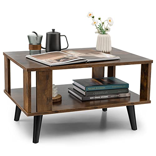 Small Wood Coffee Table, 2-Tier Tea Table w/Open Storage Shelf & Supportive Legs, Easy Assembly, Mid-Century Center Table for Living Room, Reception Room