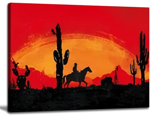 Western Cowboy Canvas Wall Art Red Sunset Wall Decor Desert Wilderness Cactus, view 2