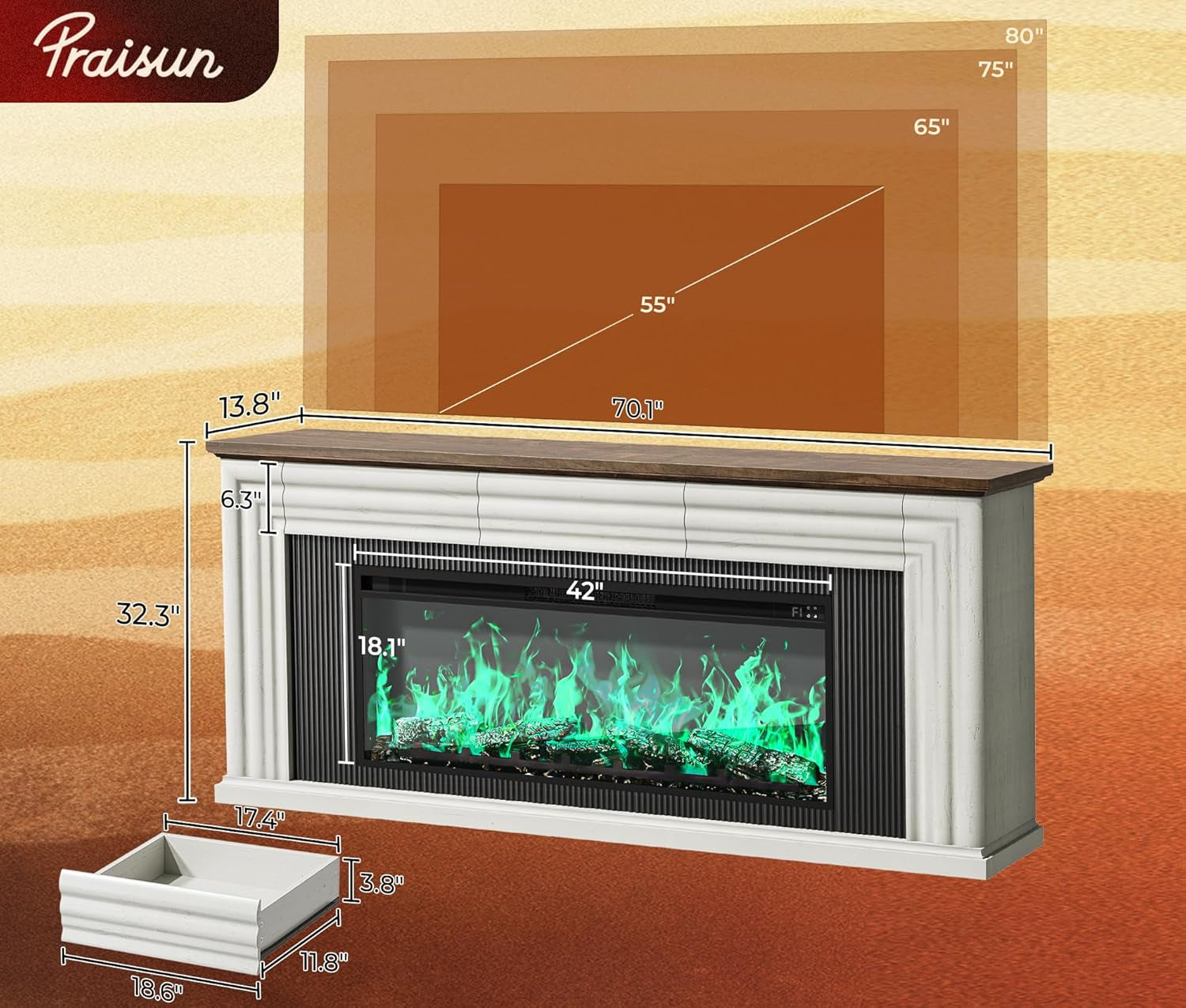 70'' Fireplace TV Stand with 42'' Electric Fireplace, Farmhouse TV Stand for 65 75 Inch TV, Entertainment Center TV Console with 3 Drawers, Fluted Design, for Living Room, Distressed White