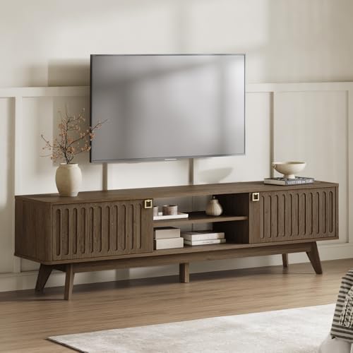 70" Long TV Stand for Living Room, Modern TV Stand Entertainment Center with 2 Storage Cabinets, Mid Century Fluted-Door Media Console Table for 50/60/70/80 Inch TV, Coffee Oak