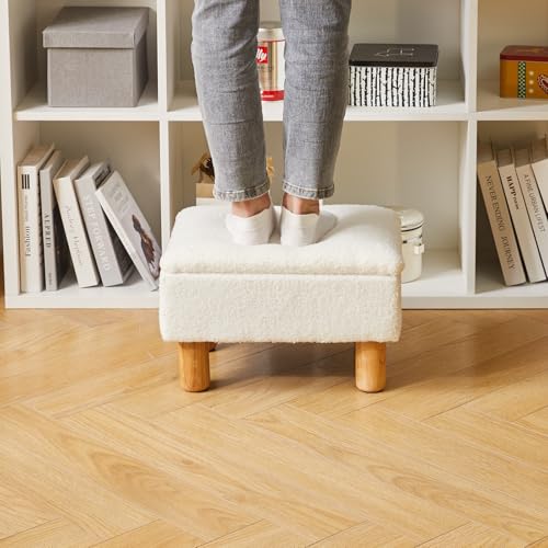 Ottoman with Storage, Small Foot Rest for Couch 16x12x9.5inch, Safety Hinge Flip Top Foot Stool Load up to 330lb for Living Room Dorm Teddy White YD-JD136W