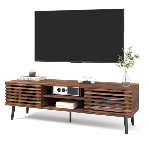 52" Mid Century Modern TV Stand for 50-60 inch TV - Walnut Brown | Farmhouse TV Console with Slatted Sliding Doors, Small Entertainment Center with Spacious Storage for Living Room, Apartment