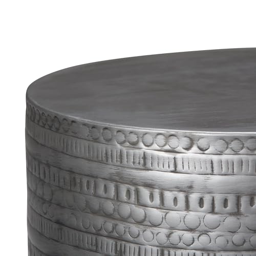 Boho 15" Metal Accent Side Table, Antique Silver Finish, Drum Shape, Handcrafted Solid Metal, Multipurpose End or Side Table for Living Room, Bedroom, Condo, Office