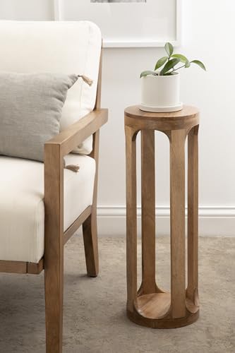 Dahl Wooden Round Drink Table; 8 x 23; Natural Brown; Transitional Boho Circle Wood Accent Pedestal Table for Living Room Plant Stand or Small Bedroom Nightstand