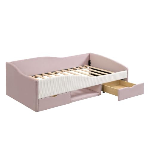 JIVOIT Twin Size Upholstered Daybed, 2 Storage Drawers, Padded Shelf, Guardrail (Pink/ Twin,82)