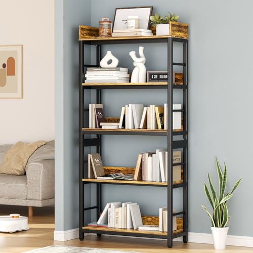 Bookshelf, 66" H 5-Tiers Heavy Duty Industrial Shelving Wood & Metal Bookcase, Rustic and Black Tall Shelf Units for Home, Office, Living Room