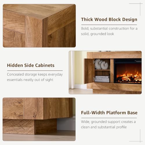 70" Fireplace TV Stand for 80" TV, 36" Electric Fireplace, Light Oak, view 7