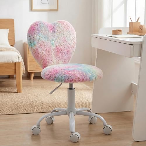 Kids Desk Chair Faux Fur Study Chair for Teenage Girls, Adjustable Heart Shaped Kids Vanity Chair for Bedroom Reading Living Room, Small Cute Student Task Chair with White Foot, Colorful