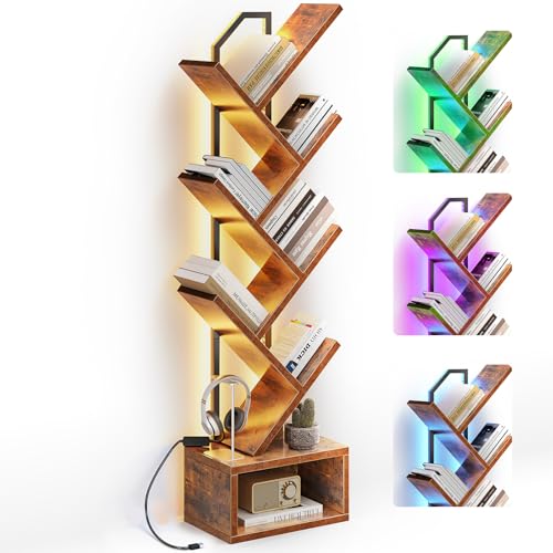 Tree Bookshelf with LED Lights, 6-Tier Narrow Bookcase for Small Spaces, Tall Steel & Wood Storage Shelf with Cabinet, Home Decor & Organizer for Living Room/Bedroom/Home Office, Vintage