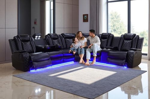 Power Recliner Sectional Sofa Set with LED Light, Leather Reclining Sectional Couches Corner Sectional Sofa Set with 2 Recliner Seats for Living Room with Cup Holder, Storage Console, Black