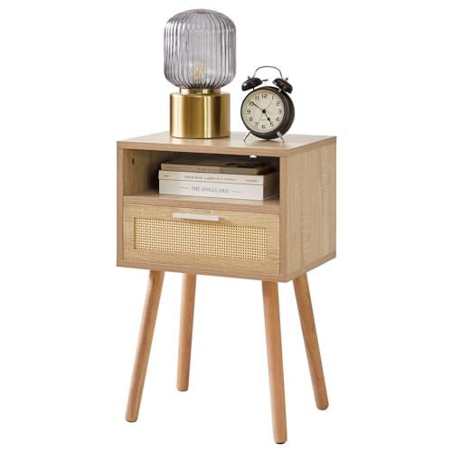 Natural boho rattan bedside table with drawer and shelf, view 2