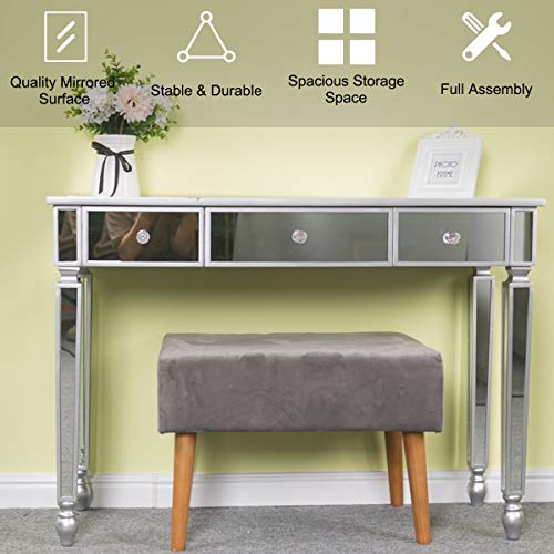 Mirrored Console Table, Coast Mirrored Desk, Makeup Desk Vanity Dressing Table for Women with 3 Drawers Silver at Hallway or Bedroom, Side Table 42''L x 15''W x 30''H