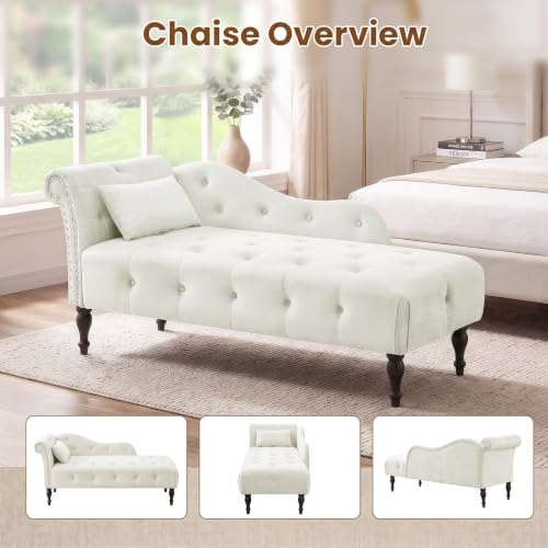 60.6" Buttons Tufted Chaise Lounge with Nailhead Trimmed Rolled Arm, White, view 7