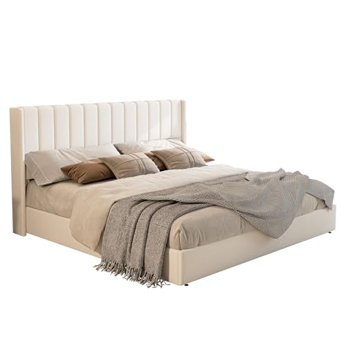 King Lift Up Storage Bed with Linen Wingback Headboard, White, view 7