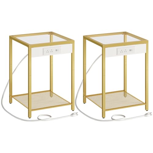 Side Table with Charging Station, Set of 2 End Tables with USB Port, Nightstand for Tight Spaces, Tempered Glass, Modern Metal Frame, for Office, Bedroom, Living Room, Gold GD76UBZP201