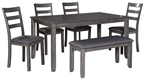 Signature Design by Ashley Bridson Dining Table Set For 6 With Bench, Wood 6‑Piece Kitchen Table And Chairs With Upholstered Seats, Transitional Charcoal Gray Dining Room Collection For Family Meals