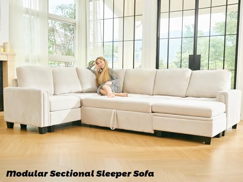 Pull Out Sofa Bed Module Part for Modular Sectional Sleeper Sofa Armless Loveseat with Pull Out Bed for Sectional Couch Beige