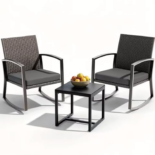 Rocking Patio Bistro Sets - All-Weather - 3 Piece Rattan Conversation Furniture Set, Wicker Outdoor Front Porch Chair for Balcony, Porch, Garden, Backyard, Poolside,Medium Gray