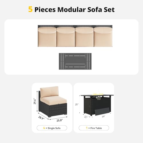 Patio Furniture Set with Fire Pit Table, 5 Piece Outdoor Sectional Sofas, Wicker Rattan Outdoor Furniture with Thickened Cushion for Backyard, Garden Begin