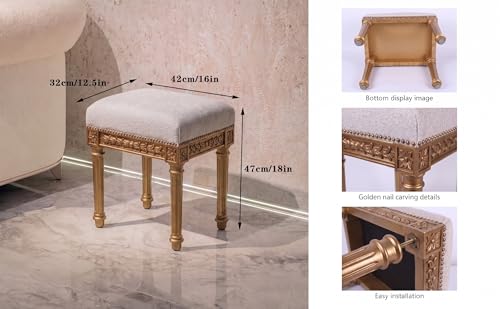 Vanity Stool, French Vintage Square Stool with Cushion, Round Tufted Upholstered for Living Room Dining Room Entryway, Makeup Foot Ottomans