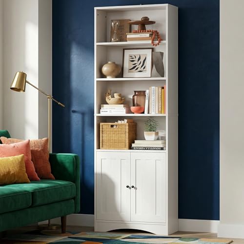 Bookshelves and Bookcases with Doors, 6-Shelf Bookcase, Floor Standing Display Storage Shelves, 71” Tall Bookcase, with Adjustable Shelves, for Home, Office, Living Room, White