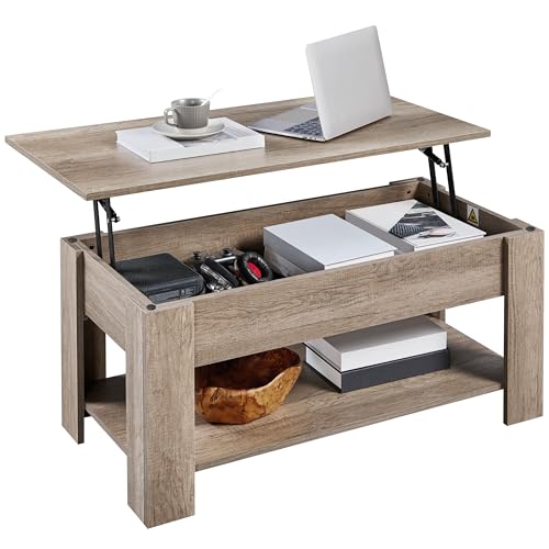 Yaheetech Lift Top Coffee Table with Hidden Compartment and Storage Shelf, Rising Tabletop Dining Table for Living Room Reception Room, 38.6in L, Grey