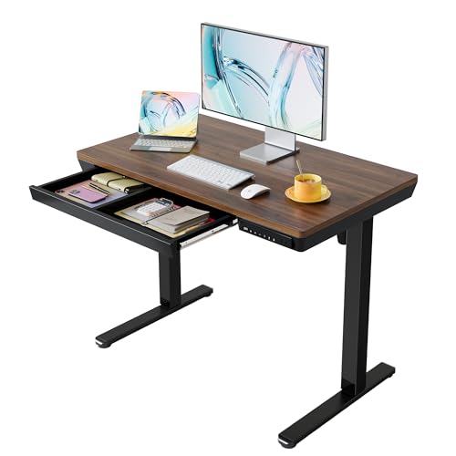 Electric Standing Desk with Drawers, 40 X 24 Inch Electric Adjustable Height Desk, Quick Install One-Piece Tabletop with USB Charging Ports, Sit to Stand Up Desk for Home Office, Black Walnut