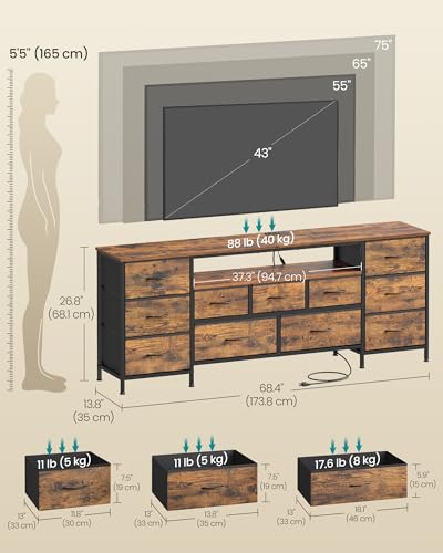 SONGMICS BELLAH Collection - TV Stand for TVs Up to 70 Inches, Dresser for Bedroom, Living Room, Chest of Drawers, Steel, 11 Drawers and Shelf, Industrial, Rustic Brown ULGS043K101S
