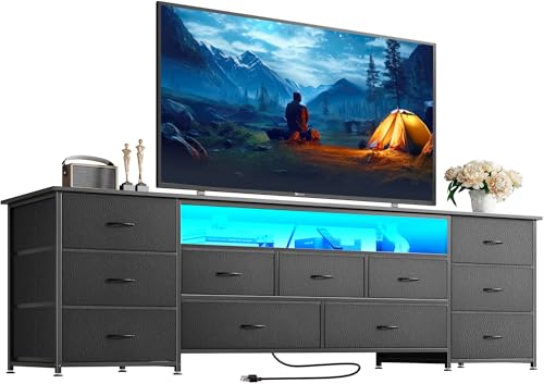 70 Inch TV Stand for 75, 80 Inch TV, 11 Drawer Long Dresser with Power Outlets and LED Lights, Entertainment Center with Storage, Black Dresser with PU Leather Surface