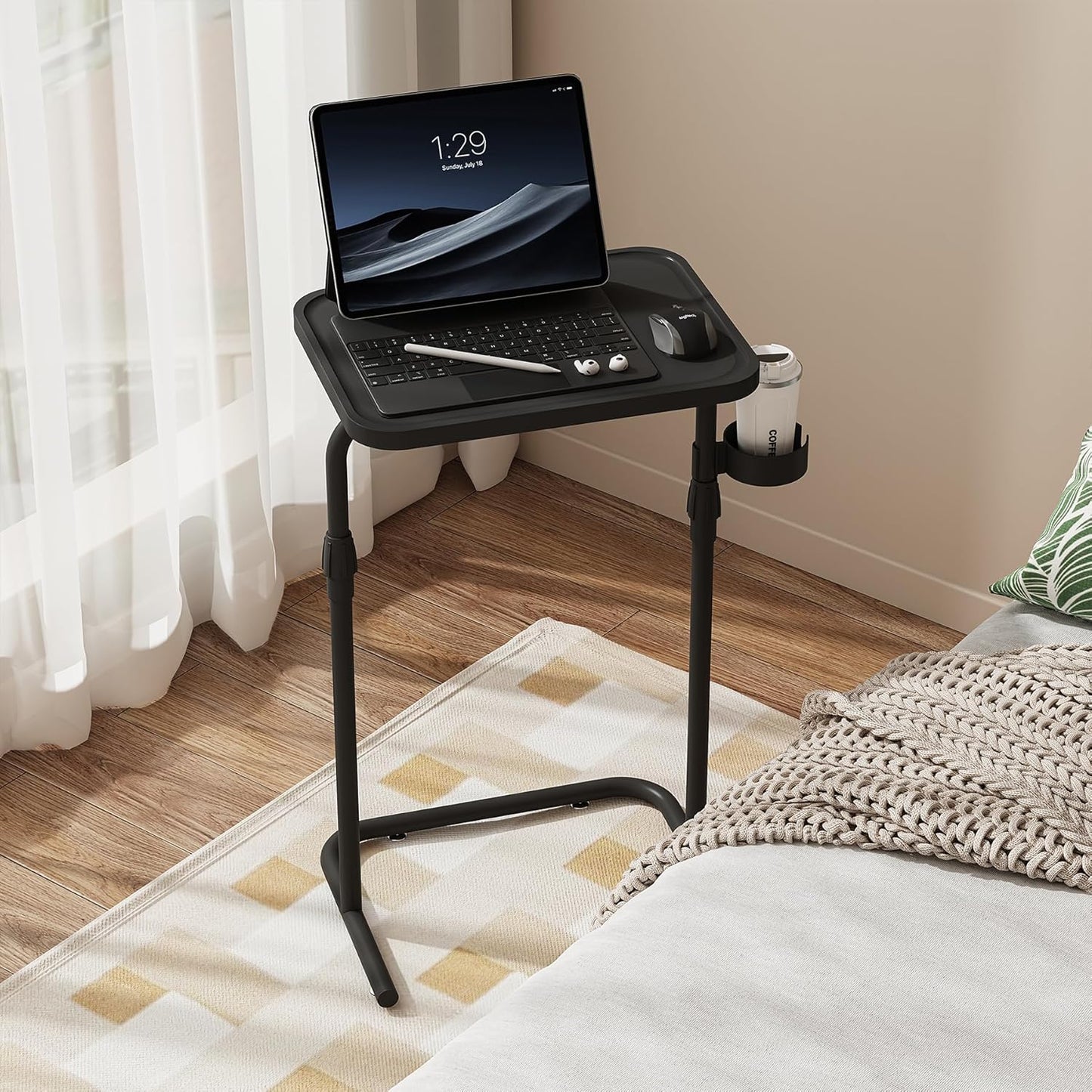 C Shaped End Table with Tiltable Surface, Adjustable Height Side Table, Slide under Couch Table TV Tray for Eating, Sofa Tray for Livingroom, Bedroom White TB01BW091