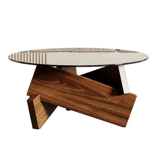 Modern Round Coffee Table, 30.7" x 30.7" x 16.1" Tempered Glass Top for Living Room, Color: Walnut