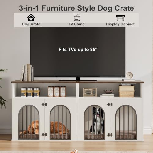 78.7" Double Dog Crate Furniture, Dog Kennel with Storage, White, view 8
