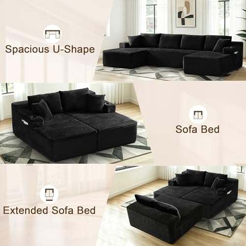 125" Sectional Boneless Couch for Living Room, Modular Cloud Couch Sectional with Storage Pockets & Cup Holders, Modern Corduroy Modular Sofa, Black U-Shaped Compressed Sofa Couch in a Box