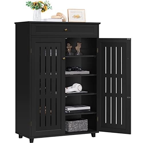 Yaheetech Storage Cabinet Floor Storage Organizer Wooden Cabinet with Drawer 2 Doors for Entryway Living Room Furniture Black