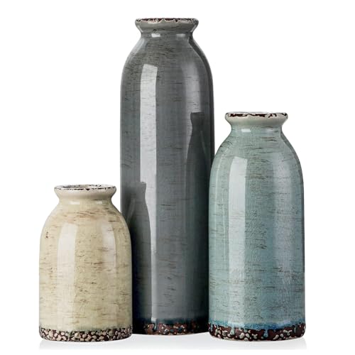 Ceramic Flower Vase Set of 3, Pottery Decorative Vases for Modern Farmhouse, Living Room Kitchen Table Centerpieces, Idea Bookshelf Mantel and Entrance Decor - Multicolor