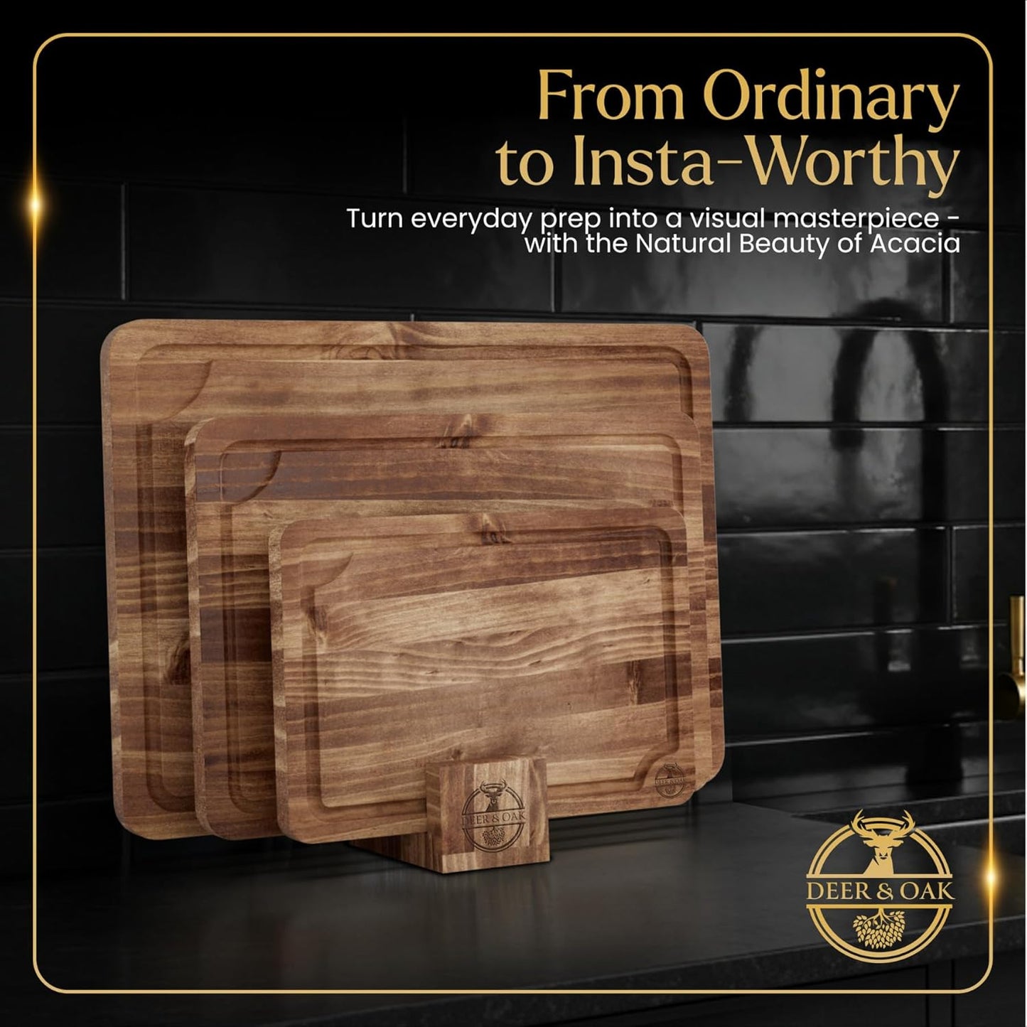 Pre-Oiled, Non Toxic 3-Piece Acacia Cutting Board Set with Stand, FSC Certified Wooden Chopping Boards with Juice Grooves for Meat. 3 Size Wood Carving Boards for Home & BBQ Kitchens by
