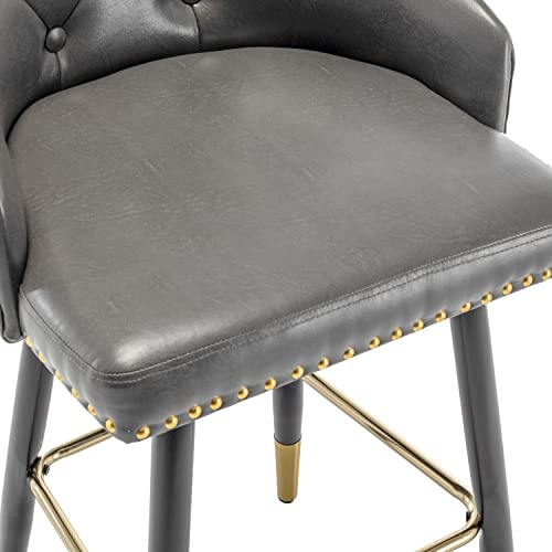 Set of 2 Premium upholstered Dining 26" High Back Stool Bar Chairs, Gray PU Leather Tufted Gold Nail Head Trim, (2)