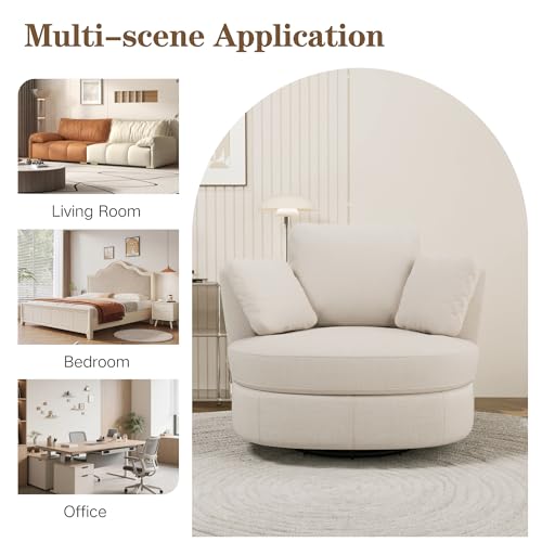 40.6" Oversized Swivel Accent Chair, Upholstered Round Barrel Chair with Pillows Swivel Chairs for Living Room Bedroom,Chenille,Beige